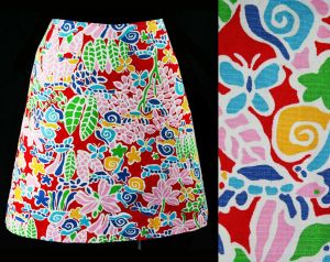 Novelty Print Skirt - 60s Snails Turtles & Butterfly Cotton Casual - Medium Size 8 1960s Preppie 