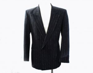 Men's Gangster Jacket - 1940s Inspired Navy Blue & Gray Pinstriped Wool Blazer - Made in 1980s