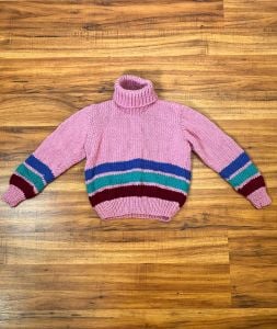 Toddler 3T | 1980's Vintage HAND KNIT Pink Striped Wool Turtleneck Sweater - Fashionconservatory.com