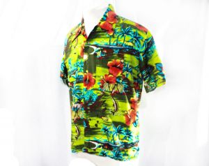 Men's Large Aloha Shirt - 1960s 70s Mens Hawaiian Rayon Casual Top - Lime Green Tropical Island Map - Fashionconservatory.com