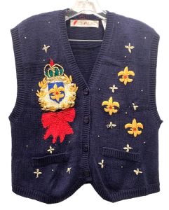 80s Baroque Embroidered Sweater Vest | Vintage Knit Trophy Vest | Crown Beaded Fleur de Lis - Fashionconservatory.com