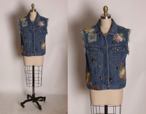 1990s Novelty Blue Denim Garden Seed Packets Patchwork Embroidery Vest by Gitano - L