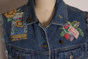 1990s Novelty Blue Denim Garden Seed Packets Patchwork Embroidery Vest by Gitano - L - Fashionconservatory.com