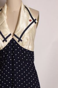 1970s Navy Blue and Cream Polka Dot Halter Open Back Full Length Formal Prom Dress - XXS - Fashionconservatory.com