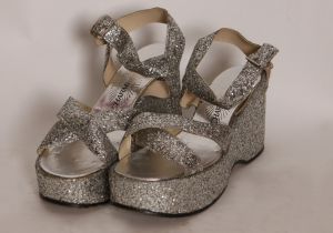 1970s Silver Glitter Wedge Platform Disco Heels Shoes by Charmette - Size 8