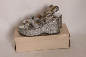 1970s Silver Glitter Wedge Platform Disco Heels Shoes by Charmette - Size 8 - Fashionconservatory.com