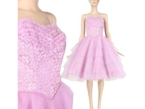 Vintage 1950s Lilac Pastel Purple Pink Strapless Full Party Dress 50s | XXS/XS