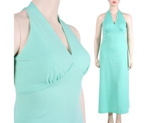Vintage 1970s Pastel Green Halter Sleeveless Curvy Maxi Dress | L/XL