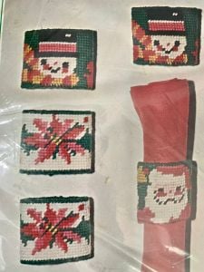 70s Bucilla Vintage Needlepoint Kit for 8 Christmas Napkin Rings w/Santa Bells Snowmen & Poinsettias - Fashionconservatory.com