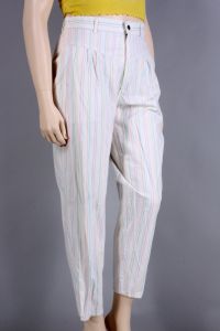 Vintage 1980s Size 32 SUNSET BLUES Chic White Pastel Stripe Pleat High Rise Pants | L/XL - Fashionconservatory.com