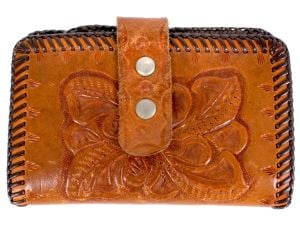3.5x6 Vintage 1970s Cognac Brown Tooled Leather Western Wallet Billfold