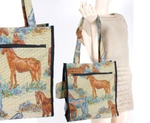 12x12 Vintage 1980s Horse Equestrian Tapestry Tote Bag w/Coin Purse