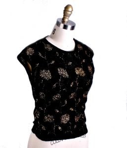 VTG Black/ Gold Floral Metallic Rayon Boucle Shell Tank Knit ''Stylebest'' Womens S 1940s - Fashionconservatory.com