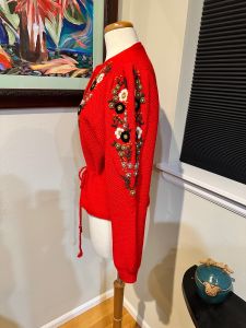 1980s Austrian Trachten Red Cardigan Sweater - Embroidery, Puff Sleeves, Tie Waist M-L  - Fashionconservatory.com