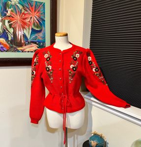 1980s Austrian Trachten Red Cardigan Sweater - Embroidery, Puff Sleeves, Tie Waist M-L 