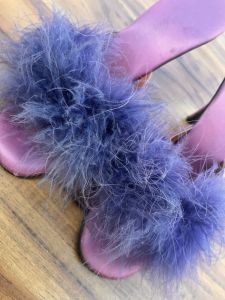 Size 7 | 1950s Vintage Purple Satin High Heeled Boudoir Slippers with Marabou Vamps | RARE  - Fashionconservatory.com