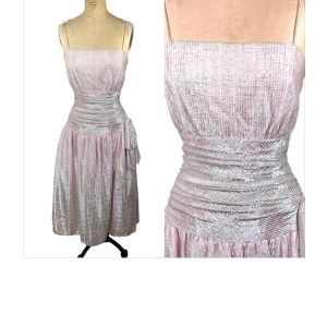1980s pink party dress shiny metallic with shirred waist