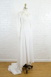 1970s bohemian jersey and lace high neck wedding dress with floral lace . small xsmall - Fashionconservatory.com