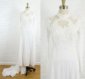 1970s bohemian jersey and lace high neck wedding dress with floral lace . small xsmall