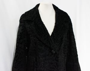 Astrakhan Fur Jacket - Large Luxe 1960s Black Coat with Exquisite Tailoring - Emerald Silk Lining - Fashionconservatory.com