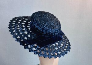 60s Navy Blue Lattice Circle Brim Hat by Mr John, Sz 21 - Fashionconservatory.com