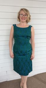 50s Green Floral Dress Blue Roses Sleeveless with Bolero Jacket S - Fashionconservatory.com