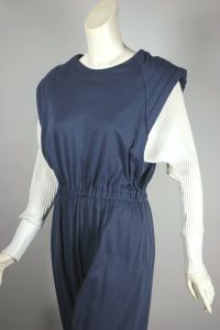 Soft cotton knit 80s jumpsuit 2-tone blue-grey cream - Fashionconservatory.com