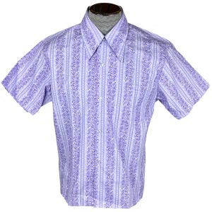 Unused Vintage 1970s Shirt Printed Purple Cotton Blend Short Sleeve L