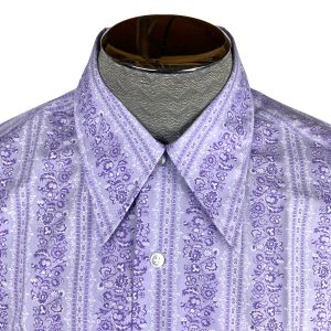 Unused Vintage 1970s Shirt Printed Purple Cotton Blend Short Sleeve L - Fashionconservatory.com