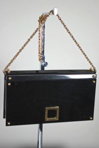 Black lucite clutch 70s shoulder bag gold studs chain strap