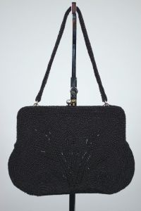 Black glass beaded evening bag 1950s floral design