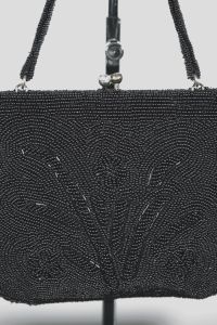 Black glass beaded evening bag 1950s floral design - Fashionconservatory.com