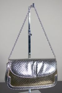 Space-age late 1960s-70s silver gold faux snakeskin clutch evening bag 