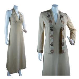 70s Tan Halter Maxi with Embroidered Jacket, MW Penney, Sz S