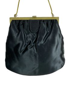 1940s black satin evening bag with etched gold frame and serpentine chain handle