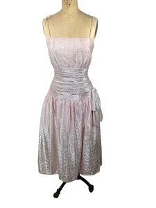 1980s pink party dress shiny metallic with shirred waist - Fashionconservatory.com