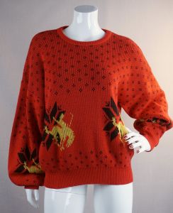 80s Red and Gold Western Style Long Sleeve Sweater by Playboy, Sz L