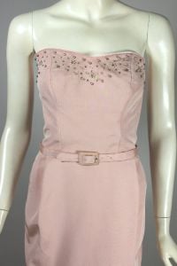 50s Pale Pink Strapless Cocktail Dress Rhinestone Trim - Fashionconservatory.com