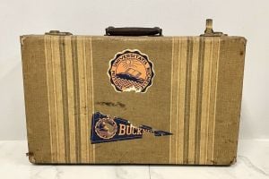 Vintage Bucknell University Suitcase Striped Tweed Brown 20''  30's 40's Luggage 