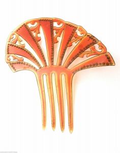 3 Antique 1920s Celluloid Hair Combs MANTILLA Amber with Red Rhinestones Black