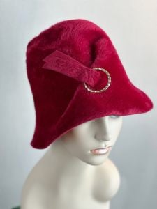70s Ruby Red Faux Fur Bucket Style Hat by Sandra, Sz 22 1/2, VFG