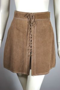 Taupe suede leather mini skirt 1960s lace-up front XS - Fashionconservatory.com