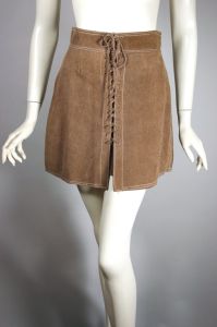 Taupe suede leather mini skirt 1960s lace-up front XS