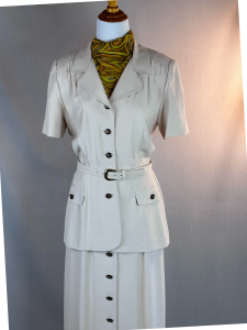 80s Beige Power Dress by Danny & Nicole, Belted Peplum Style, Sz 12, VFG - Fashionconservatory.com