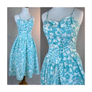 80s Teal and White Floral Sundress with Shirred Bodice, Removeable Shoulder Straps, Sz 9/10 VFG