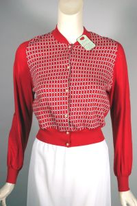 Red cotton knit 1950s cardigan sweater jacket deadstock unworn with tag