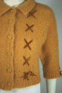 Gold mohair cardigan sweater 1960s velvet bows trim - Fashionconservatory.com