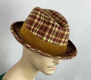 70s Brown Wool Tweed Trilby, Fedora w/ Corduroy Hatband, Mans Fedora, Sz 7 3/8
