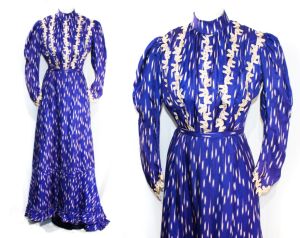 1900s Antique Dress - Cobalt Blue & White Lightning Bolt Silk - Gorgeous Edwardian Waist & Skirt