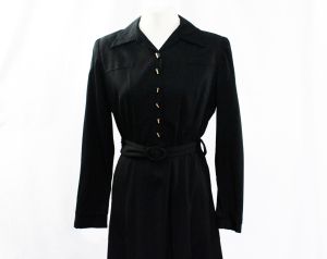 Large 1930s Dress - Authentic 30s Black Wool Gabardine Long Sleeve Dress - Art Deco Buttons - Fashionconservatory.com